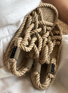 东大门女鞋欧美复古潮流交叉罗马亚麻编织麻绳草鞋凉鞋平底鞋