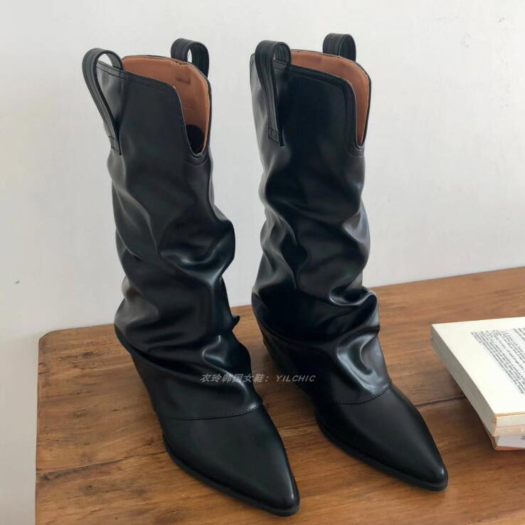 欧美粗跟中筒靴女靴子裤管