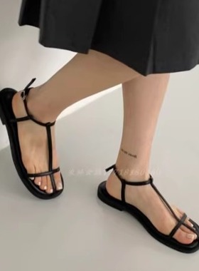 韩国东大门女鞋nuff十字带圆头小众设计师低跟细带凉鞋女