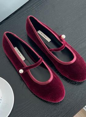 衣玲女鞋韩国东大门代购丝绒一字带简约复古平底单鞋女