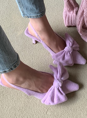 现货 韩国东大门尖头细跟气质蝴蝶结镂空绒面紫罗兰包头凉鞋单鞋