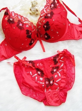 日韩系本命年红色新婚文胸套装新品刺绣亮片聚拢75CD80CD85BC甩货