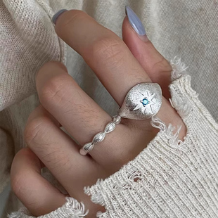 手工雕金工艺 戒指女拉丝八芒星超闪小众设计高级感帅气开口指环