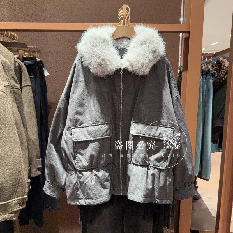 UR UX女装2025冬季新款时尚气质休闲复古巴恩风毛领超宽松棉服