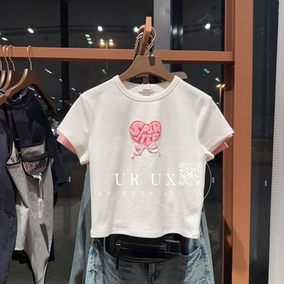 UR UX女装2025春季新款BM时尚爱心字母蝴蝶结超短款修身T恤衫ins