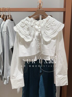 UR UX女装2025春季新款时尚百搭海军领系带棉质长袖开襟棉质衬衫