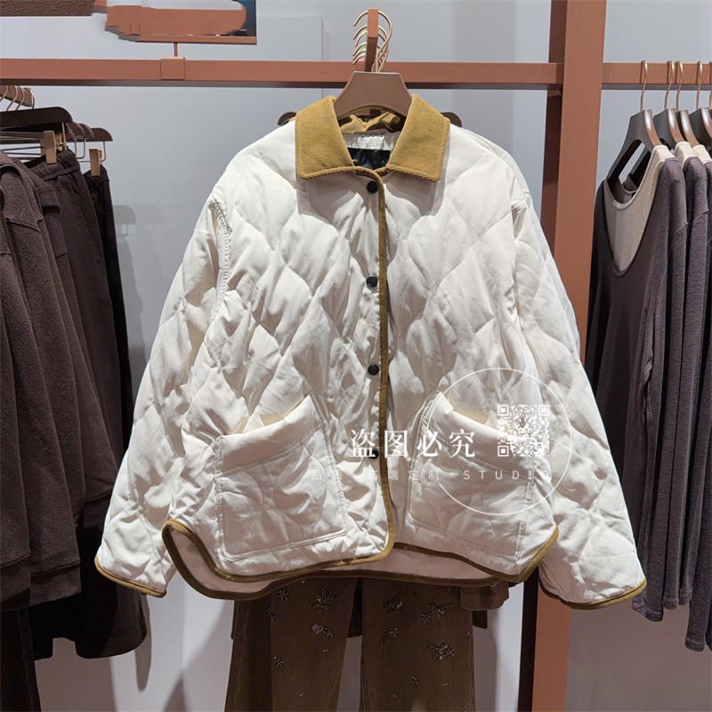 UR UX女装2025冬季新款时尚百搭休闲撞色灯芯绒领绗缝羽绒服