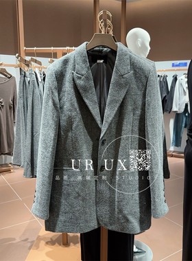 UR UX没帮助2024冬季新款时尚格雷系高智感黑灰色中长款西装外套