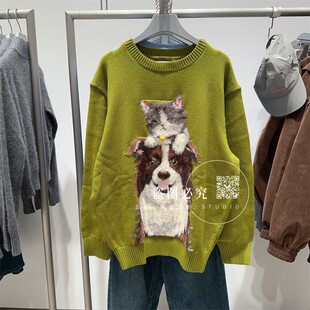UR UX女装2025秋新款男装趣味休闲萌宠图案圆领针织衫情侣毛衣