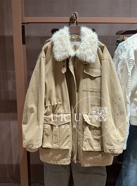 UR UX女装2024冬新款派克休闲拼接毛领宽松保暖中长款羽绒服外套