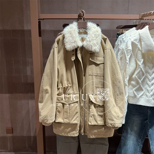 UR UX女装2024冬新款派克休闲拼接毛领宽松保暖中长款羽绒服外套