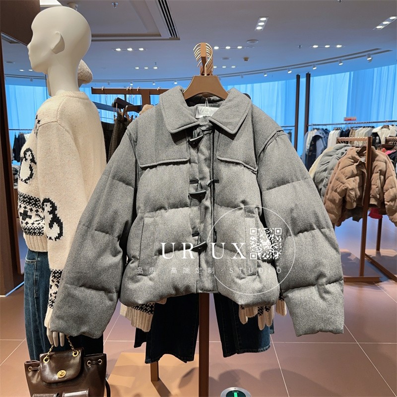 UR UX女装2024冬季新款都市百搭时尚格雷系气质牛角扣棉服外套ins