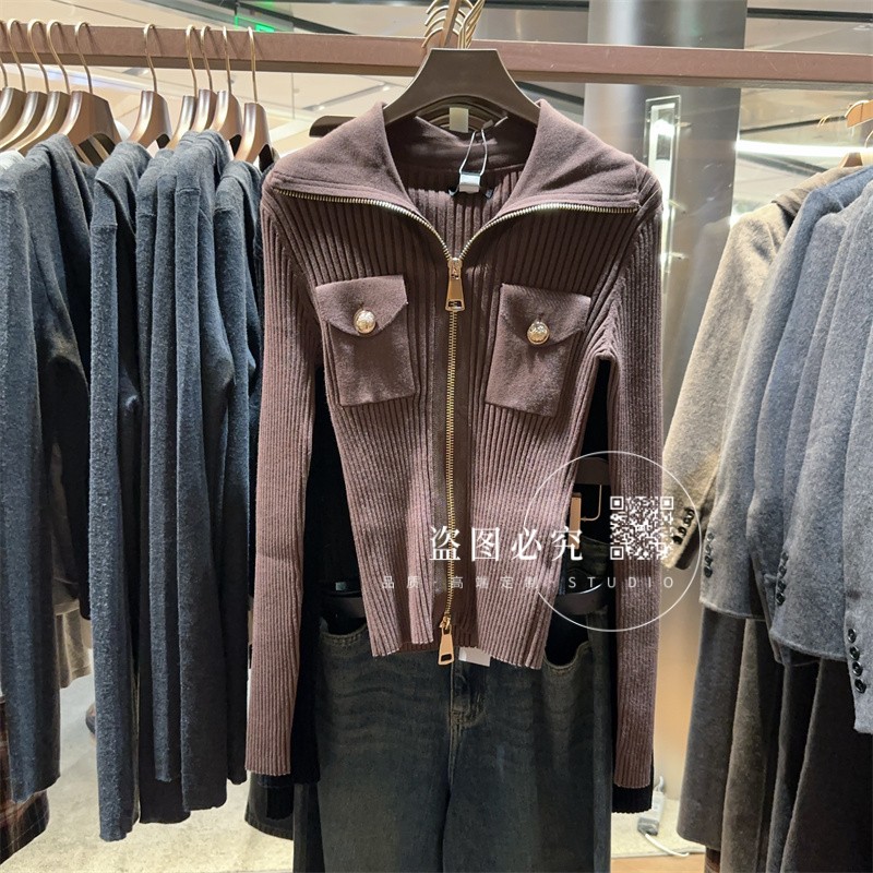 UR  UX女装2025秋季新款时尚气质琥珀流光风双拉链口袋针织开衫