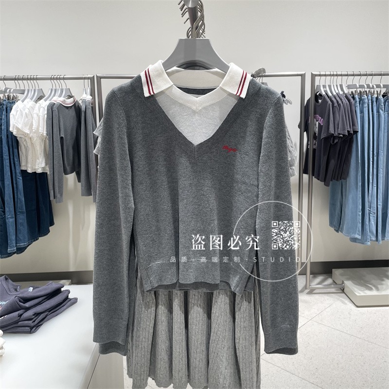 UR UX女装2025秋季新款时尚百搭减龄休闲学院风撞色假两件针织衫