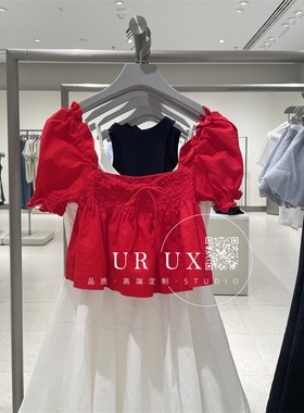 UR UX2025夏季新款时尚BM辣妹女装打揽系带泡泡袖红色罩衫衬衫