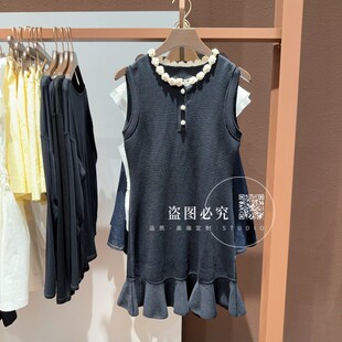 UR UX女装2025秋季新款时尚气质法式花朵荷叶边无袖针织连衣裙