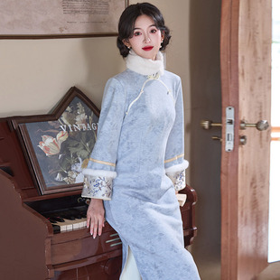 麂皮绒加绒旗袍连衣裙长袖老上海民国复古海派新中式高级感年轻款