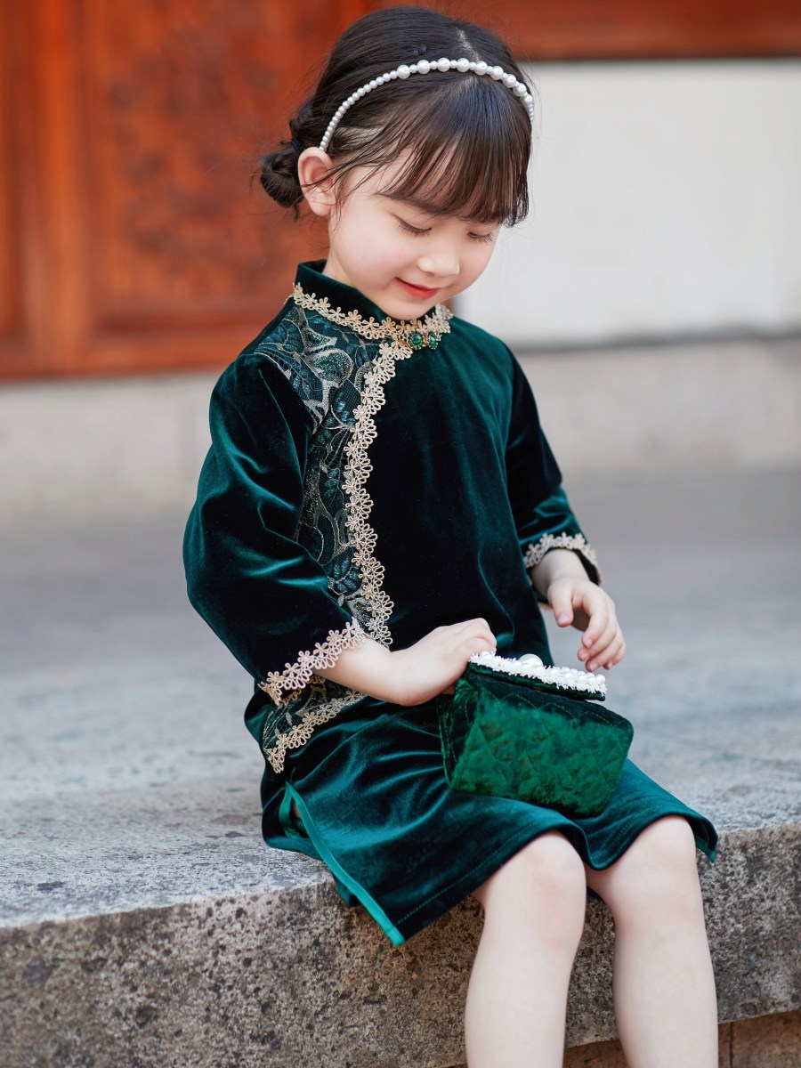 儿童旗袍复古丝绒礼服女童连衣裙秋新款儿童唐装中国风古筝演出服