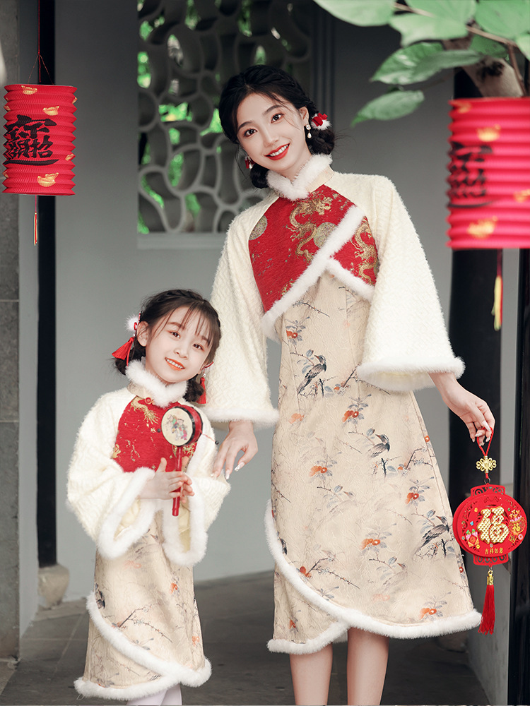 女童旗袍秋冬新款民国风宝宝复古假两件母女亲子旗袍儿童节日礼服