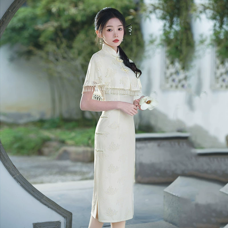 蕾丝国风长款旗袍2025新款年轻款女新中式复古披肩两件套日常可穿