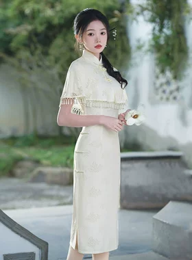 蕾丝国风长款旗袍2026新款年轻款女新中式复古披肩两件套日常可穿
