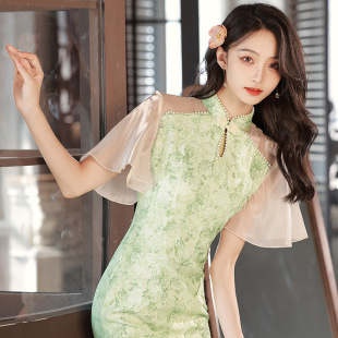 2025亲子旗袍母女装夏洋气高开叉女童连衣裙修身显瘦一模一样蕾丝