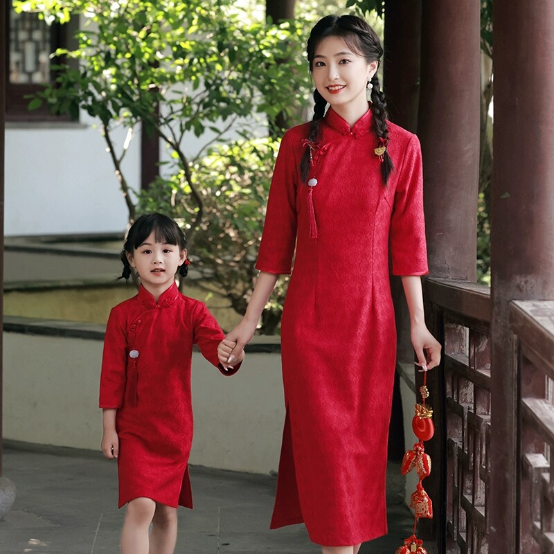 亲子旗袍母女装儿童唐装连衣裙女童喜庆礼服洋气国风一模一样红色