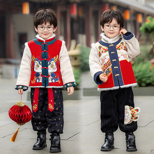 男童拜年服套装冬季新款加厚儿童唐装汉服演出国风新年装礼服喜庆