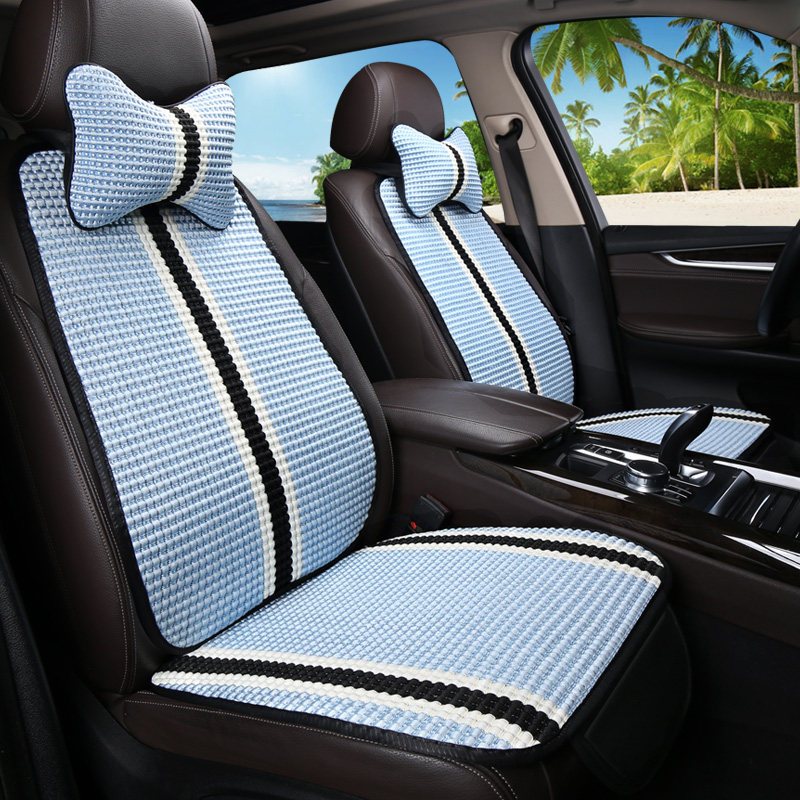 网红汽车四季坐垫三件套亚麻卡通夏季冰丝座垫可爱女神通用无靠背