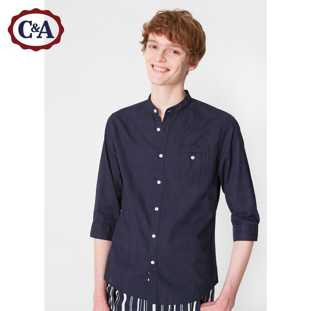 C & A của Nam Giới Màu Rắn Đơn Giản Casual Cắt Tay Áo Mùa Hè Cotton Đứng Cổ Áo Sơ Mi CA200207178-BL