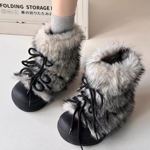 厚底增高保暖毛毛靴 中筒棉鞋 东北加绒加厚雪地靴女2025秋冬季 新款