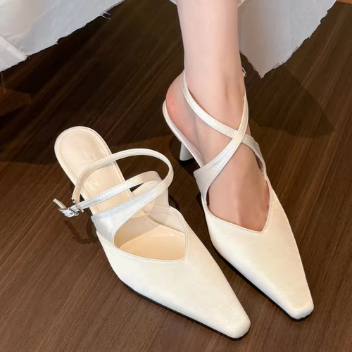 高级感绸缎方头绑带高跟鞋女2026春夏新款浅口单鞋交叉带凉鞋女鞋