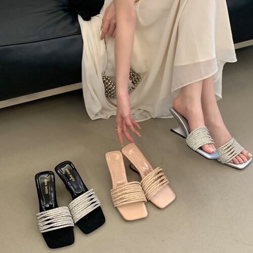 法式水钻一字带坡跟方头女凉拖