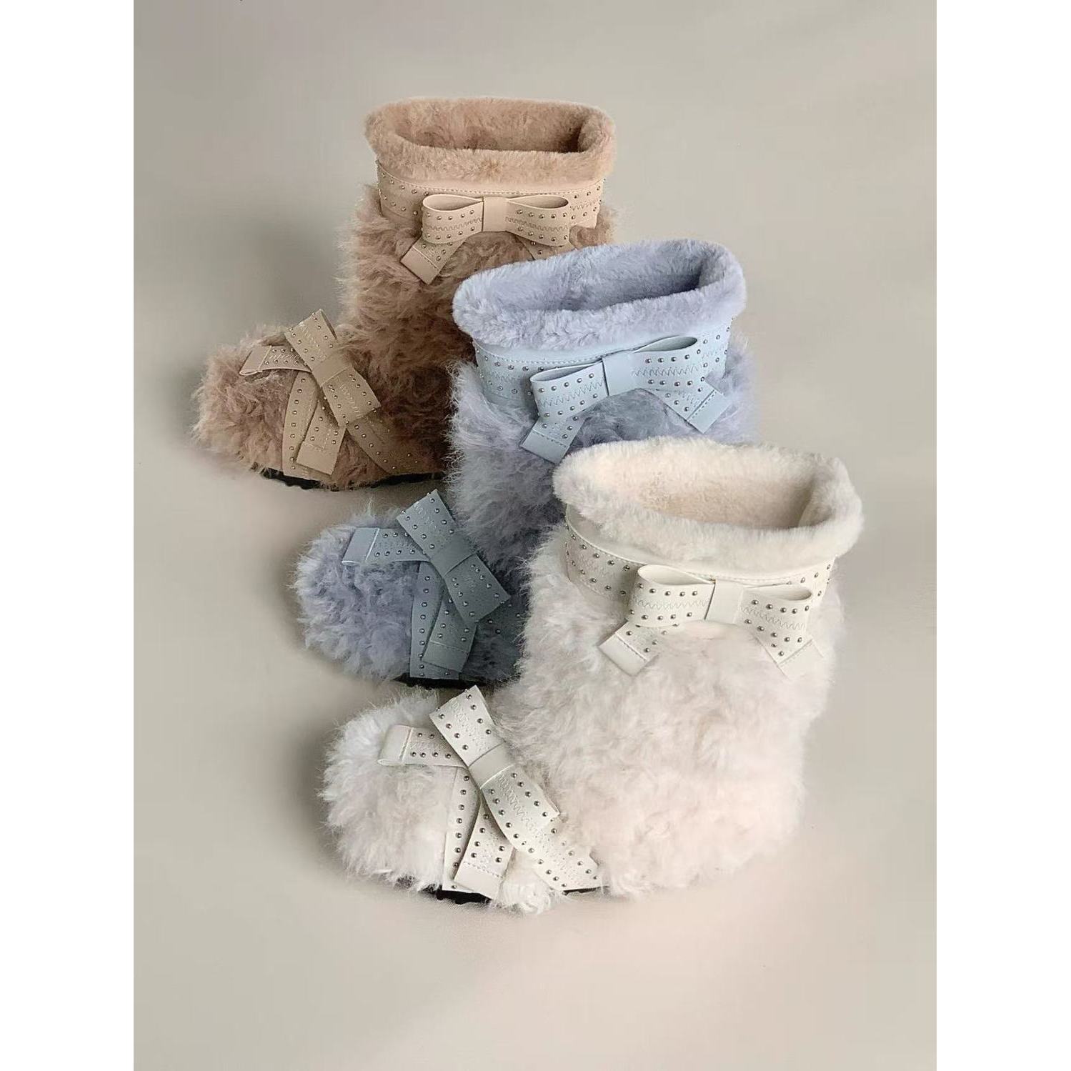 厚底白色雪地靴女冬季加绒保暖蝴蝶结内增高毛毛短靴百搭东北棉鞋