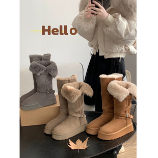 女靴子 加绒灰色长筒毛毛靴两穿保暖棉鞋 厚底雪地靴女2025新款 冬季