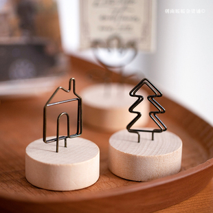 饰摆件 卡片夹子复古简约名片夹照片夹装 朝雨 实木桌面便签夹立式