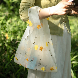鲜花刺绣网纱单肩包 小雏菊透明手提袋ins风女士通勤夏天外出时尚