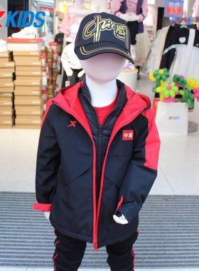 特步童装2025冬男小童防水两件套冲锋衣加绒保暖外套6754251C3442