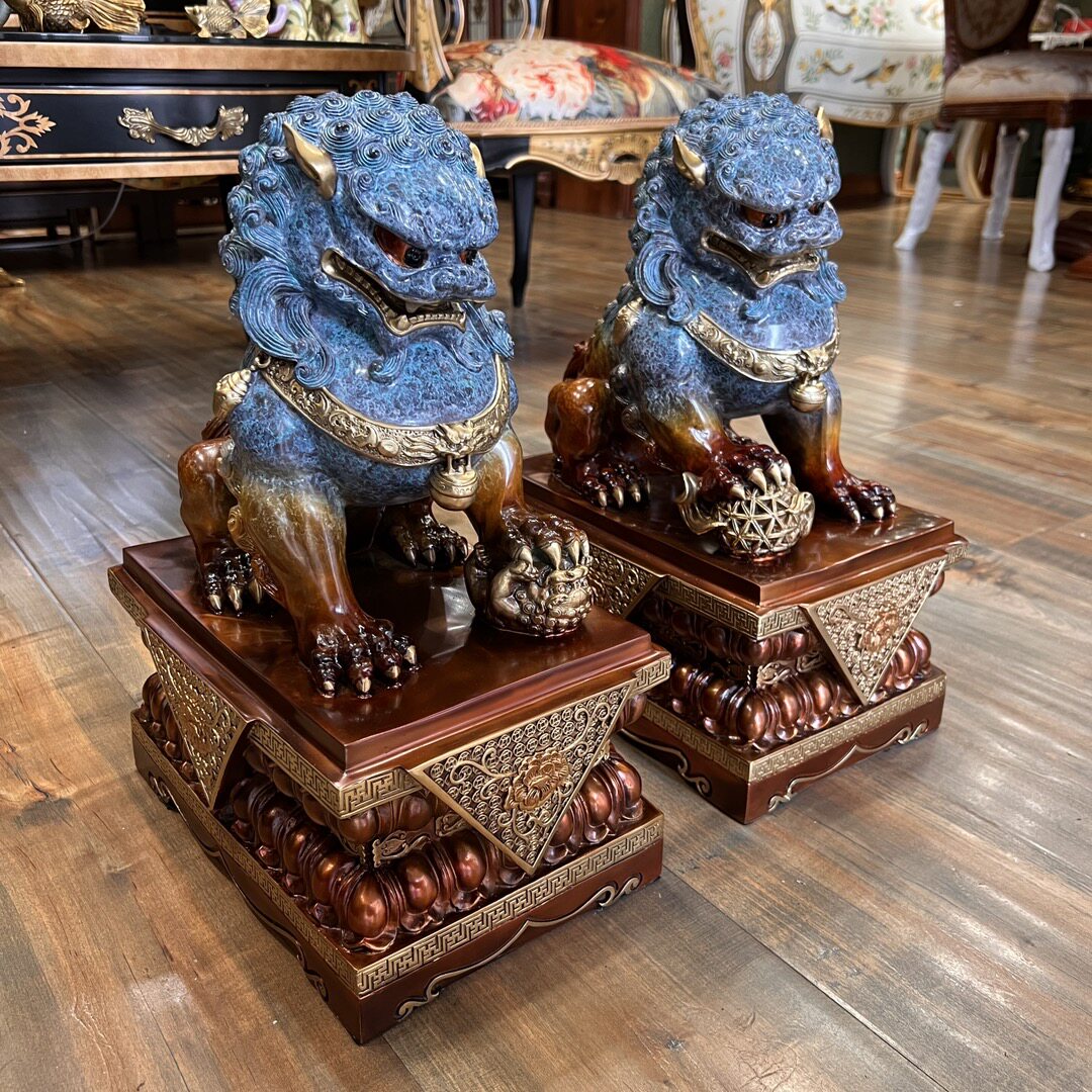 【宇成家居】北京宫门狮子一对高档工艺品入户精雕摆件