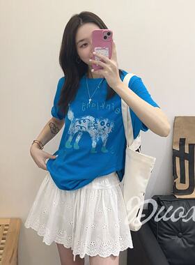 Duoxi+宝石蓝G2622# 满分雪花棉印花圆领百搭短袖显白T恤衫