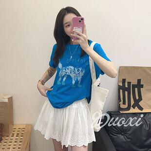 Duoxi+宝石蓝G2622# 满分雪花棉印花圆领百搭短袖显白T恤衫
