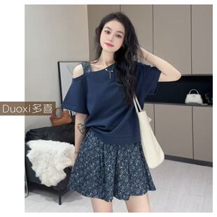 Duoxi+“蓝点落肩”圆领短袖T恤女年夏季新款休闲日常上衣G532#