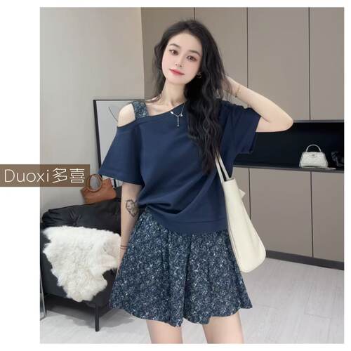 Duoxi+“蓝点落肩”圆领短袖T恤女年夏季新款休闲日常上衣G532#