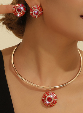 欧美朋克滴油金属圆牌吊坠锁骨链