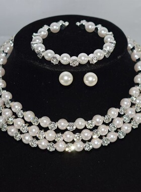 新娘婚礼多层珍珠水钻束颈链时尚百搭项圈耳钉手镯三件套套装配饰