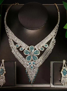 高级感奢华闪亮水钻花朵造型流苏耳环项链首饰套装新娘礼服装饰品