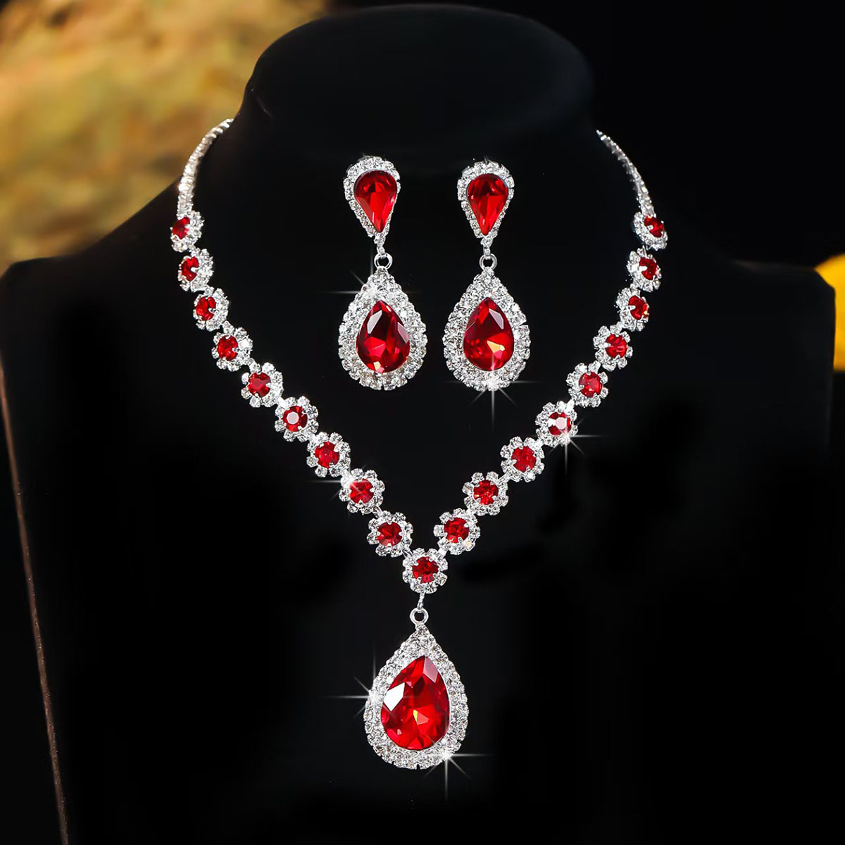 欧美奢华水钻宝石项链耳环套装女气质新娘结婚礼服宴会摄影配饰品