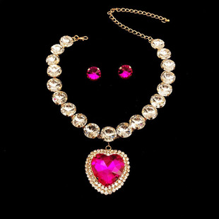 时尚性感闪亮水钻大宝石吊坠短项链耳钉两件套女新娘礼服摄影配饰