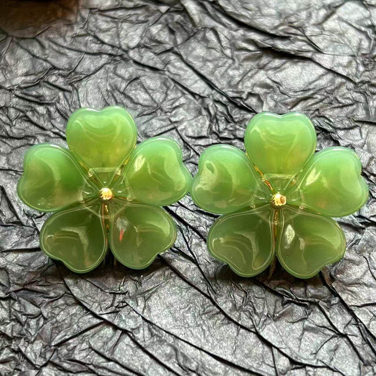复古清新绿叶琉璃花瓣耳钉耳环女气质百搭文艺范耳饰中古手工饰品