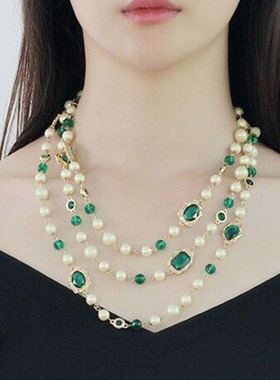 人造玻璃合金圆珠女中长款毛衣链